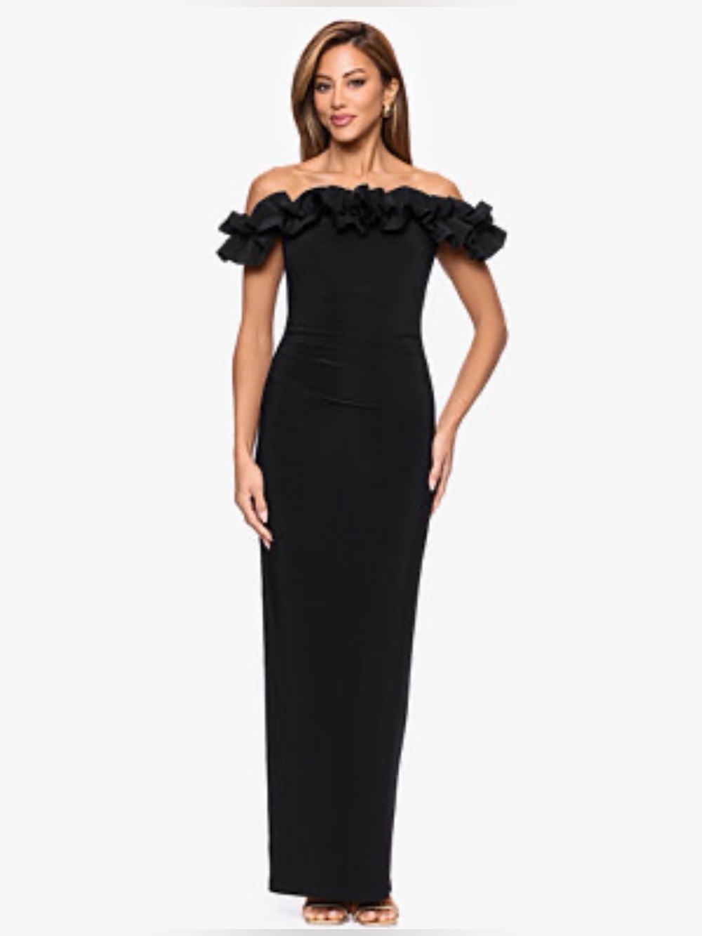 XSCAPE Women's Off-The-Shoulder Ruffle Long Black Dress Size 10